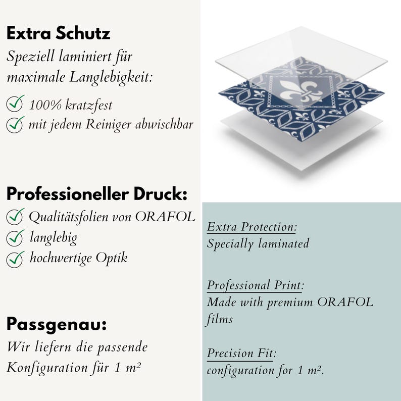 May include: A layered diagram showing a square tile with a blue and white fleur-de-lis pattern. Text in German and English details product features including extra protection, professional printing with ORAFOL films, and a precision fit for 1 m&sup2;.