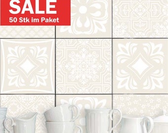 VENTE : 50x dans un paquet / 19,80 cm x 19,80 cm autocollant carrelage "Patchwork Lisbonne" beige