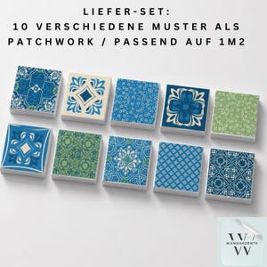 May include: A set of ten square tiles featuring various blue, white, and green patterns. The text at the top reads LIEFER-SET: 10 VERSCHIEDENE MUSTER ALS PATCHWORK / PASSEND AUF 1M2. A small logo in the corner displays the text WANDAKZENTE VV.