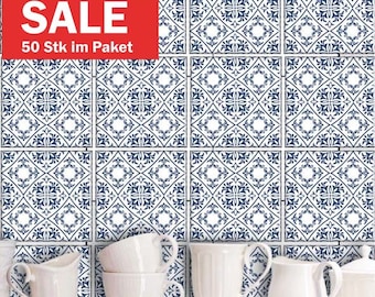 SALE: 50x in a package / 7.5 cm x 7.5 cm tile stickers “Madeira” blue on white