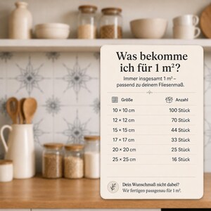 May include: A rectangular off-white informational sign with black text titled "Was bekomme ich f&uuml;r 1 m&sup2;?" detailing tile quantities per square meter for various sizes from 10x10 cm to 25x25 cm, featuring icons for size and quantity count.