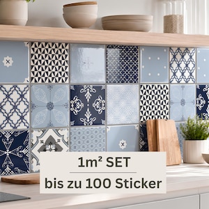 May include: A set of square wall stickers featuring a variety of blue and white geometric, floral, and lattice patterns. The text on the overlay reads 1m² SET bis zu 100 Sticker. These decorative tiles are arranged in a grid on a kitchen backsplash.