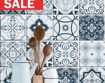 PROMO : 50% sur les retours / lot de 10 avec stickers carrelage en 19,50 cm x 19,5 cm "Patchwork Emilia" bleu