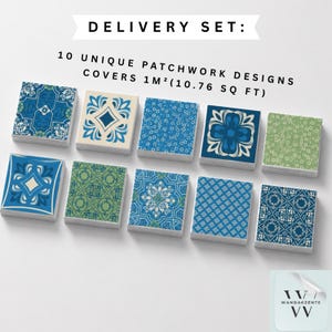 May include: A set of 10 square tiles featuring diverse blue, white, and green patchwork patterns. The text reads: DELIVERY SET: 10 UNIQUE PATCHWORK DESIGNS COVERS 1M&sup2;(10.76 SQ FT). Each tile displays a distinct geometric or floral motif in a grid layout.