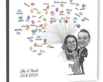 Karikatur Hochzeitspaar mit Ballons - Wedding Tree Leinwand - Personalisierter Fingerabdruck Baum mit individueller Karikatur