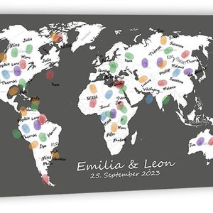 Reiseführer Welt Grau - Hochzeitsgästebuch Fingerabdruck Leinwand Hochzeitsgeschenk