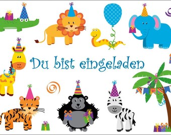 Einladungskarten zum Kindergeburtstag im Zoo oder Zirkus, 4-20 St., bitte die gewünschte Stückzahl bei "Menge" im Menü eintragen