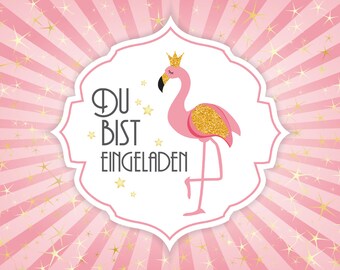 Prinzessin-Einladungkarten mit Flamingo zum Mädchen-Geburtstag, 4-20 Stück, bitte die gewünschte Stückzahl bei "Menge" eintragen