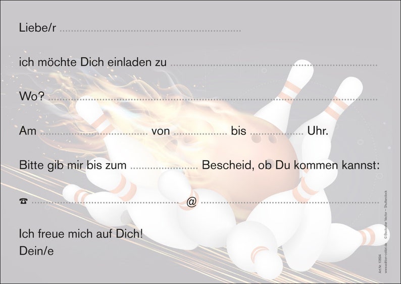 Hot bowling invitation cards / invitations to the skittles evening, 4-20 pieces, please enter the desired number of pieces in quantity. image 2