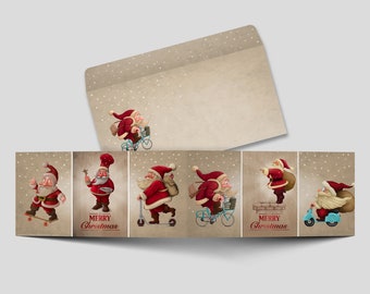 10 funny XL Christmas cards / panoramic folded cards with funny Santa Clauses in a set with matching envelopes