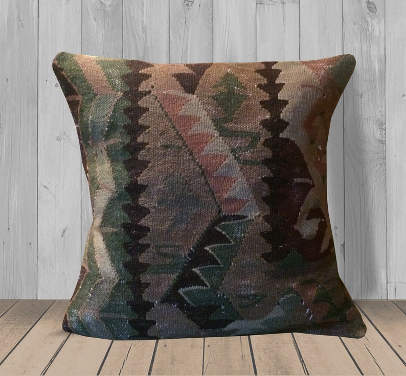 Green Brown Pink Boho Sofa Pillow 20x20 Kilim Pillow Cover Etsy