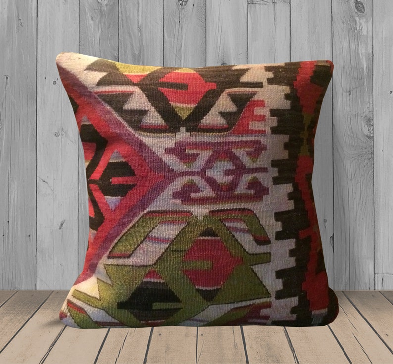 White Pink Green Purple Embroidered Kilim Pillow 20x20 Throw Etsy