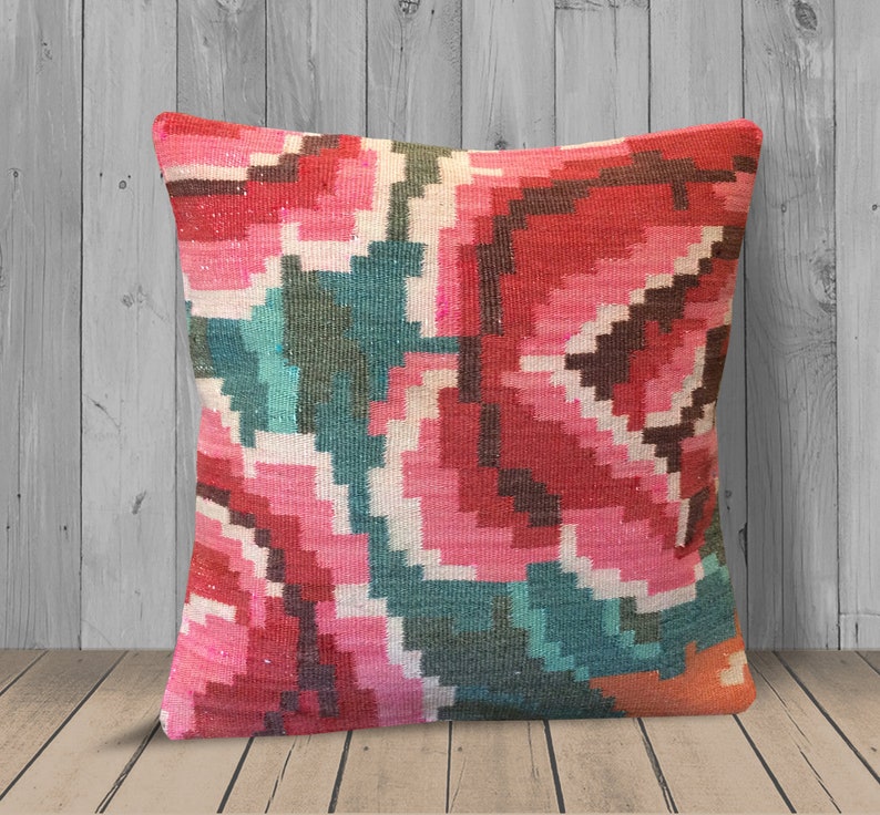 Red Turquoise Pink Kilim Pillow Cover 16x16 Ethnic Sofa Etsy