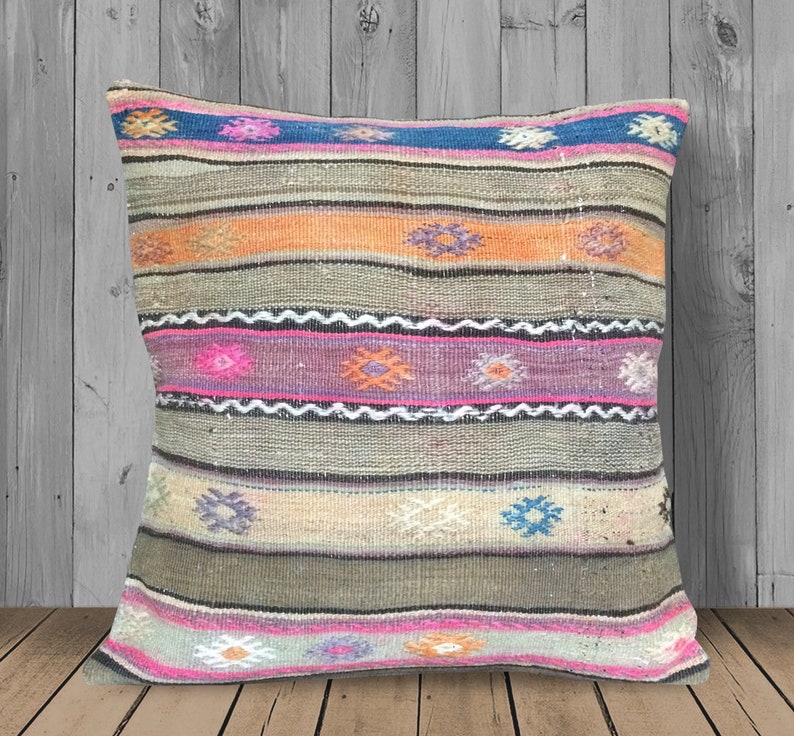 Pink Brown Blue Anatolian Kilim Pillows 20x20 Large Couch Etsy