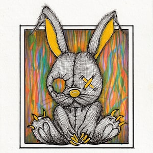 May include: A black and white illustration of a stitched rabbit with yellow ears and claws. The rabbit has one eye and a stitched X over the other eye. The rabbit is sitting on a colourful background.