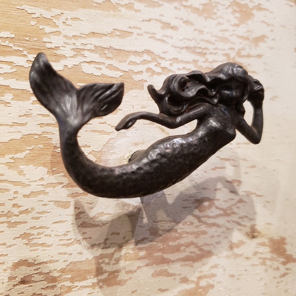 Cast Iron Mermaid Drawer Pull Distressed Black