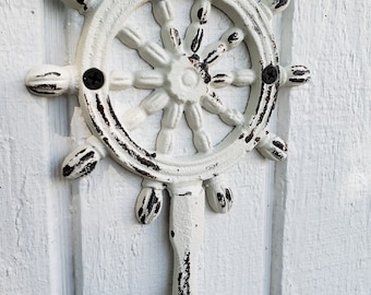 Ship's Wheel Wall Hook Cast Iron Distressed White Finish