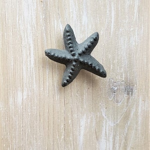 Könnte beinhalten: Ein schwarzer, metallischer Türknopf oder -zug in Form eines Seesterns. Der Knopf ist auf einer hellholzfarbenen Oberfläche montiert.