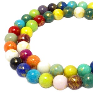 Mashan Jade beads colorful mix with gold colored dots in 8 & 10 mm pearl strand for bracelet, necklace and more