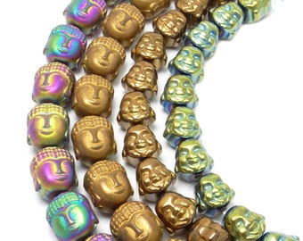 Hematite Gemstone Happy Face Buddha Beads Metallic Silver Gold Multi-Color 16'' 