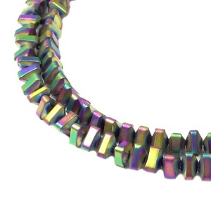 May include: A strand of iridescent, faceted, hexagonal hematite beads. The beads are a mix of green, blue, purple, and gold.