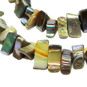 Könnte beinhalten: Eine Strähne aus irisierenden Abalone-Muschelperlen. Die Perlen sind rechteckig und haben eine Vielzahl von Farben, darunter Grün, Braun, Gold und Lila.