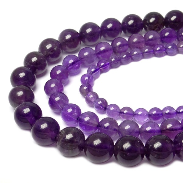 Amethyst balls in 3, 4, 6, 8 & 10 mm strand of gemstone beads for mala, necklace, bracelet and other pieces of jewellery