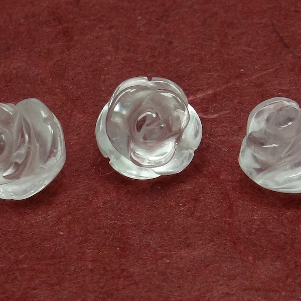 Roses made of rock crystal - drilled gemstone beads - approx. 9-10 mm for necklace, bracelet & other jewelry (set = 3 pieces)