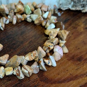 May include: A strand of brown, tan, and white gemstone beads. The beads are irregularly shaped and have a mottled appearance. The beads are strung on a clear elastic cord.