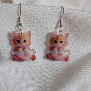 Oorbellen, oorhaken, oorbellen met katten, schattige 2D cartoon kitten oorbellen, schattige oorbellen, kattenwaaier