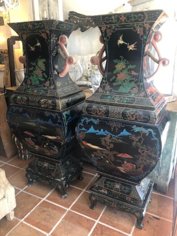 Amazing Pair Of Antique Large Oriental Black Lacquer Vases On Etsy