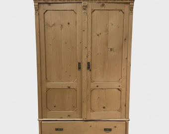 Antique French Pine Two Door Armoire Drawer to Base