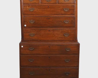 18 th C Period Oak English Chest on Chest Bracket Feet Shell Inlay