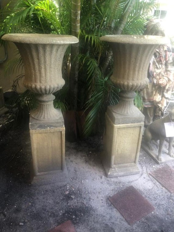 Pair Of Antique Large Garden Urns On Pedestals English Bath - Antique Garden Urns And Pedestals Pair Of Antique Large Garden Urns On Pedestals English Bath - Antique Garden Urns And Pedestals