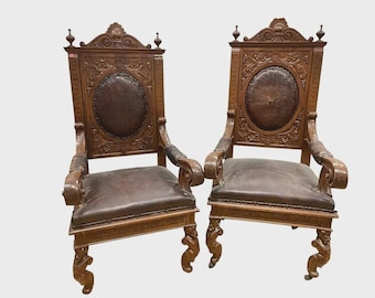 Large Pair of French Calver Dining Armchairs Leather Fabric