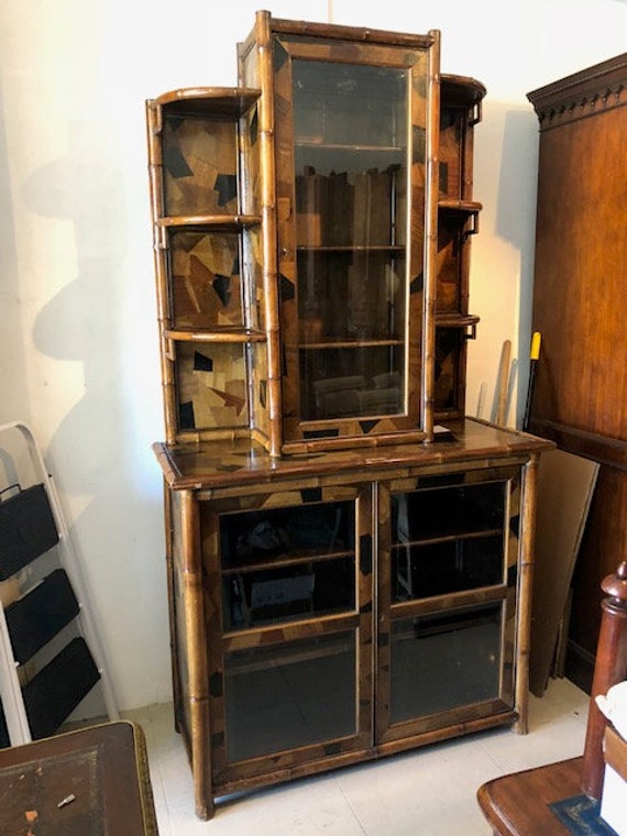 Large Antique Bamboo Bookcase Glass Doors English Mixture Of Etsy
