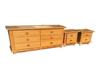 Pencil Reed Style Bamboo Rattan Bedroom Dresser & 2 Night Stands