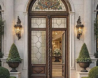 Large Antique Leaded Glass Arched Double Entry Doors