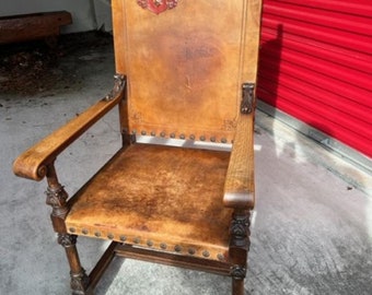 Pair of Antique Spanish Oak & Leather Arm Chair with Crest