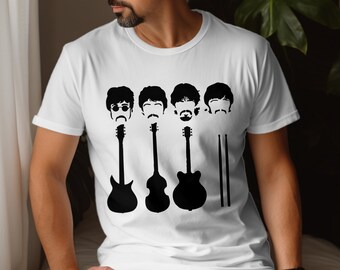 Unisex T-Shirt with Guitars and Music Band Silhouettes, Vintage Style Shirt for Music Lovers, Rock Band (3453)