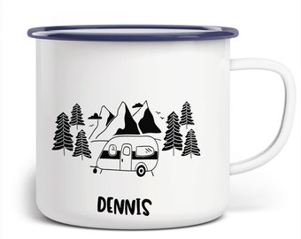 Enamel mug camping caravan in the mountains - with desired name | hand printed mug