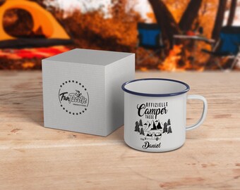 Enamel Mug Camping Official camper mug with caravan in the mountains - with desired name | hand printed mug