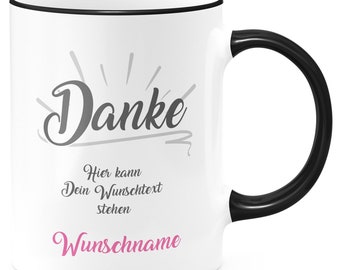 FunTasstic Tasse Danke Tasse mit Wunschtext und Wunschname pink Kaffeebecher spülmaschinenfest Tasse für das Büro Tee Kaffee Geschenkidee