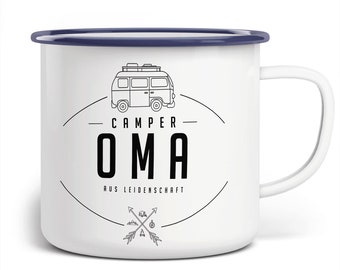 Enamel mug camping camper grandma with passion | hand printed mug