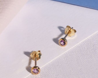 Solid 9k Gold Tiny Amethyst Stud Earrings