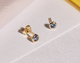 9ct Yellow Solid Gold Blue Sapphire Stud Earrings - Natural Stones - Solid 9K Gold