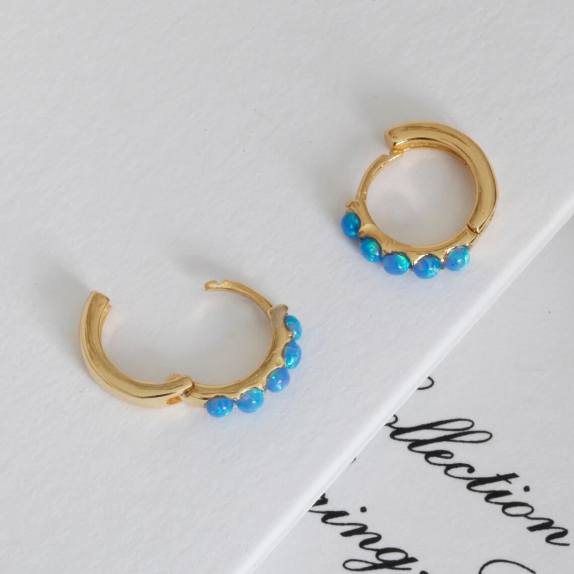 Bright Blue Opal Studded Petite Huggie Hoop Earrings in 18ct | Etsy
