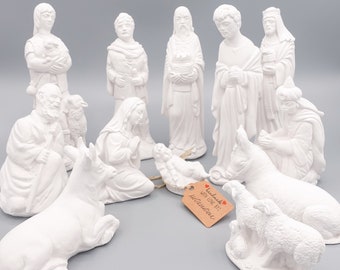 Ensemble de figurines de la Nativité vintage - 12 pièces, grandes, classiques en blanc pur, peuvent être peintes