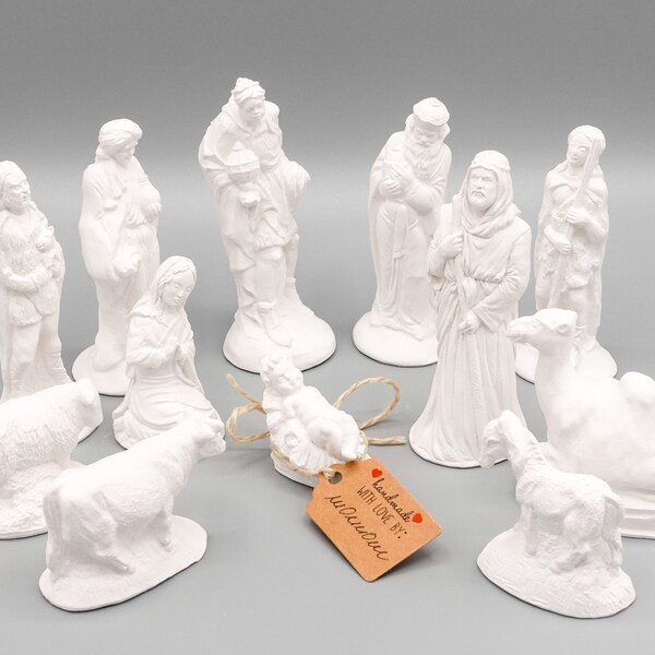 Set de figurines de la Nativité - 12 pièces, petites, classiques en blanc pur, peuvent être peintes