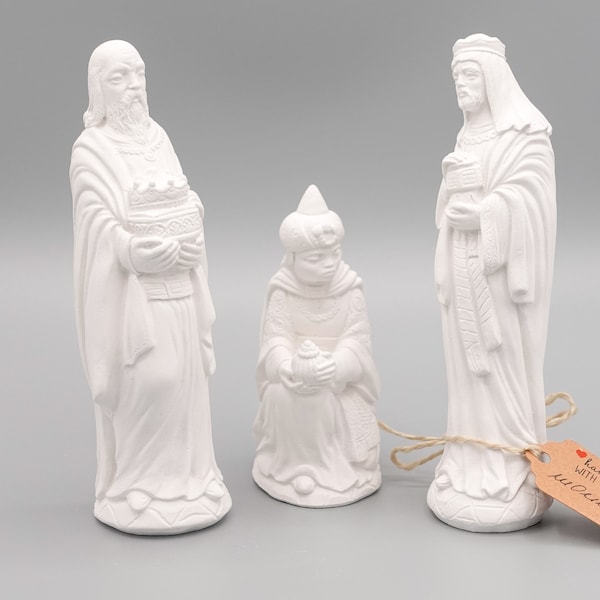 Ensemble de figurines de la Nativité vintage - 3 pièces, Trois Rois, grand, classique en blanc pur, à peindre